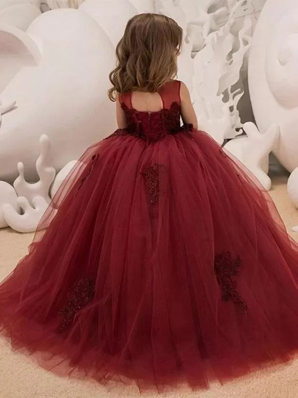 Jewel Neck Lace Sleeveless Flower Girl Dresses Ankle Length Ball Gown Applique Kids Pageant Dresses