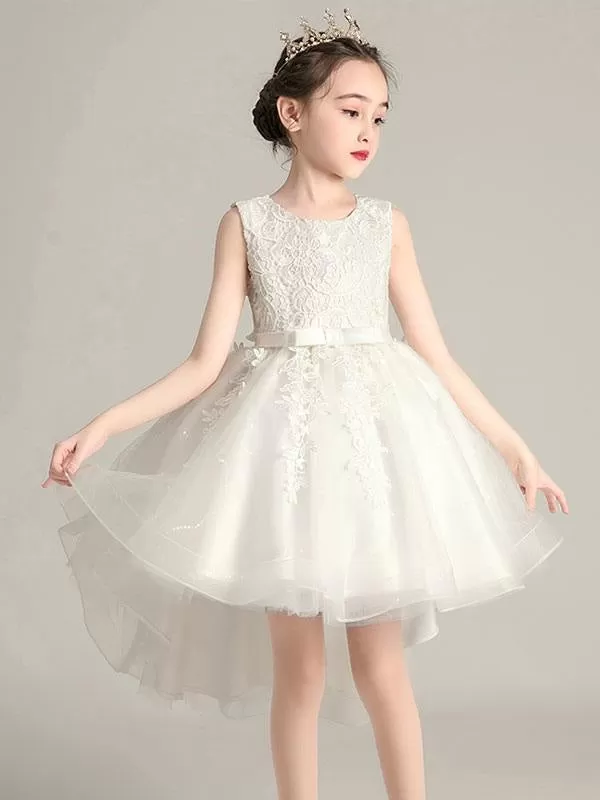 Jewel Neck Sleeveless Embroidered Kids Party Dresses Hi-Lo Princess Flower Girl Dress