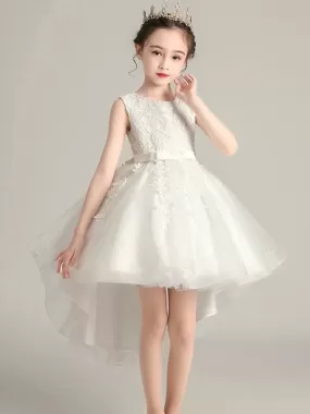 Jewel Neck Sleeveless Embroidered Kids Party Dresses Hi-Lo Princess Flower Girl Dress