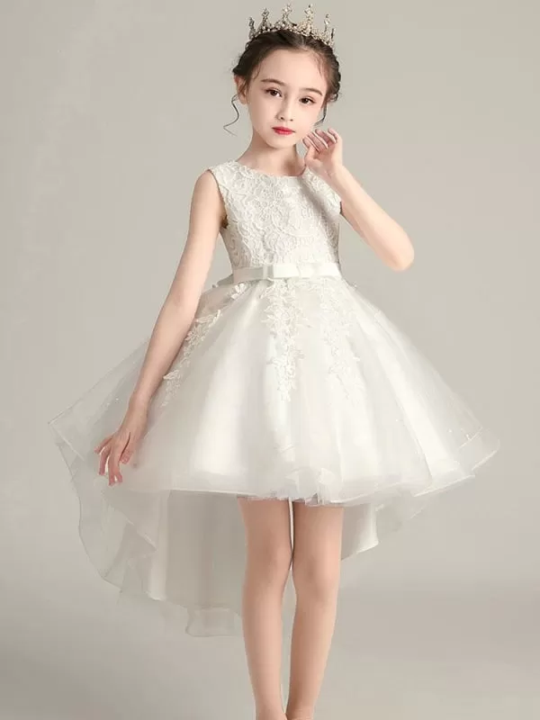 Jewel Neck Sleeveless Embroidered Kids Party Dresses Hi-Lo Princess Flower Girl Dress