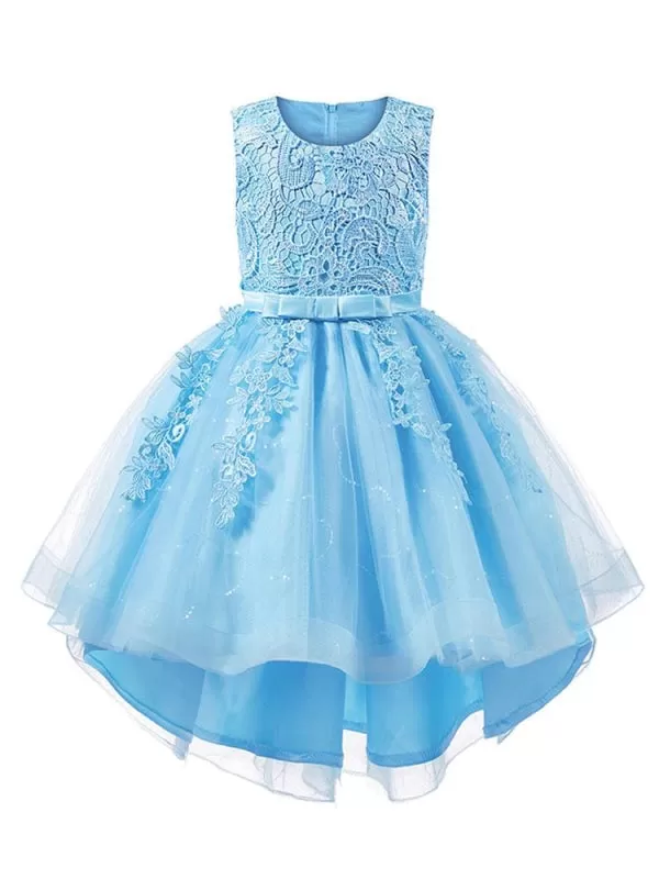 Jewel Neck Sleeveless Embroidered Kids Party Dresses Hi-Lo Princess Flower Girl Dress