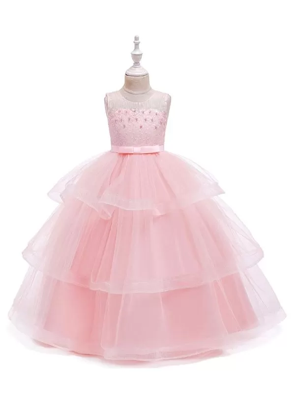 Jewel Neck Tulle Sleeveless Flower Girl Dresses Ankle Length Princess Silhouette Kids Party Dresses