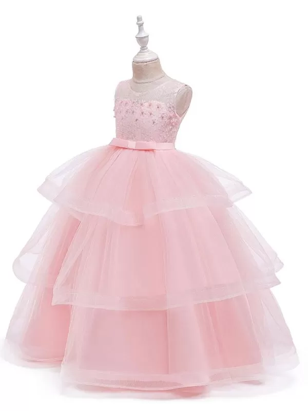 Jewel Neck Tulle Sleeveless Flower Girl Dresses Ankle Length Princess Silhouette Kids Party Dresses