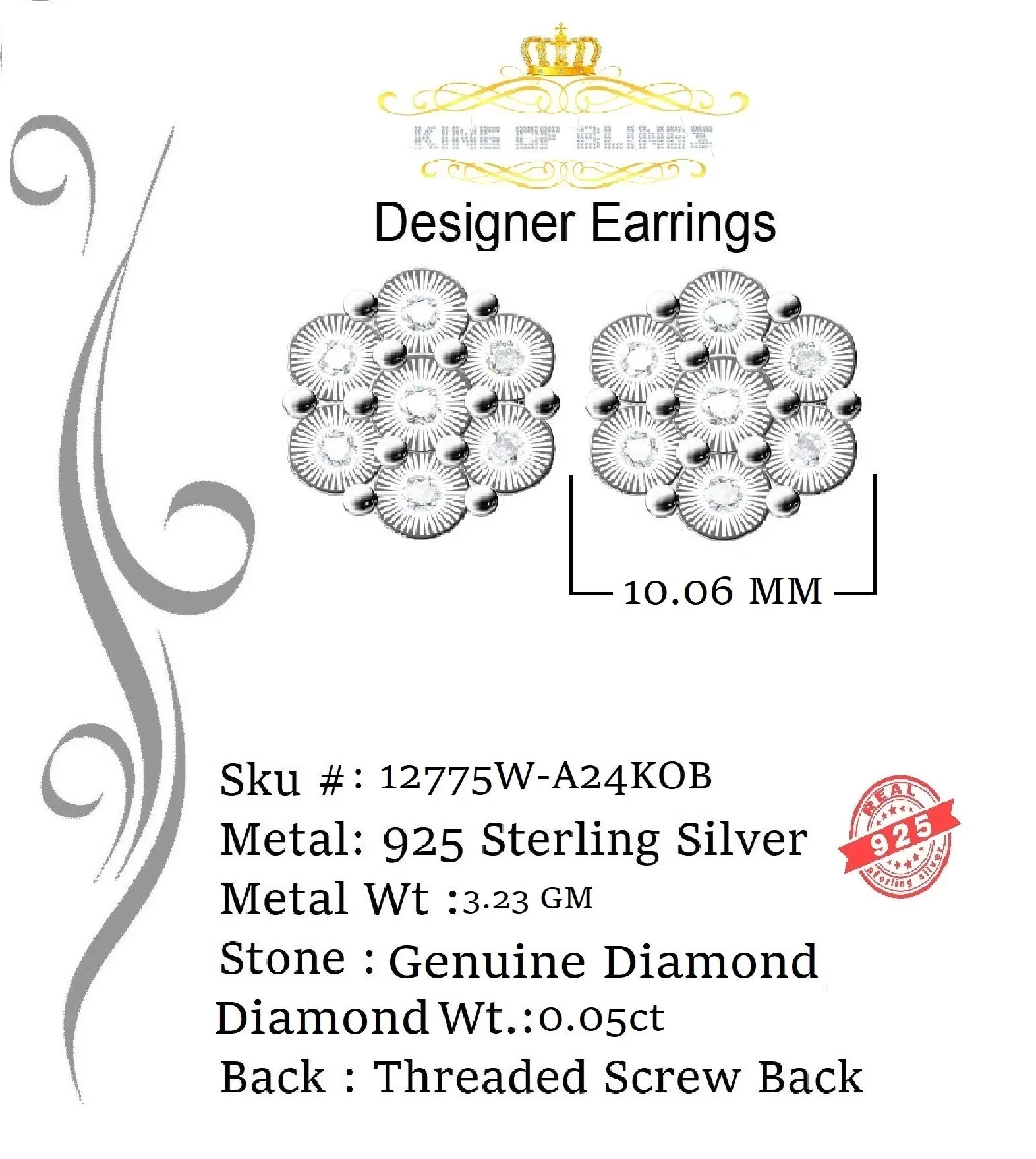 King Of Bling's 0.05ct Diamond 925 Sterling Silver White Floral Earrings For Men's / Women's