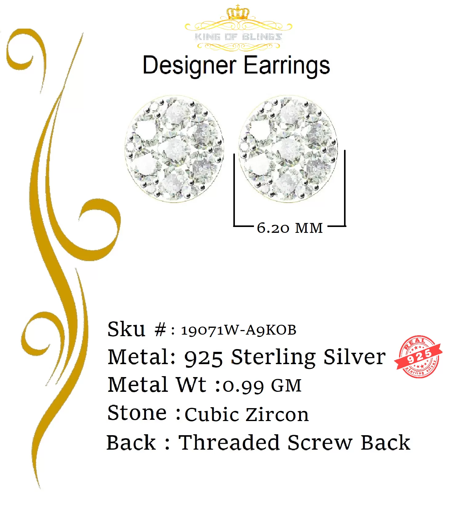 King of Bling's 0.94ct Cubic Zirconia 925 Yellow Silver Women's & Men's Hip Hop Square Earrings