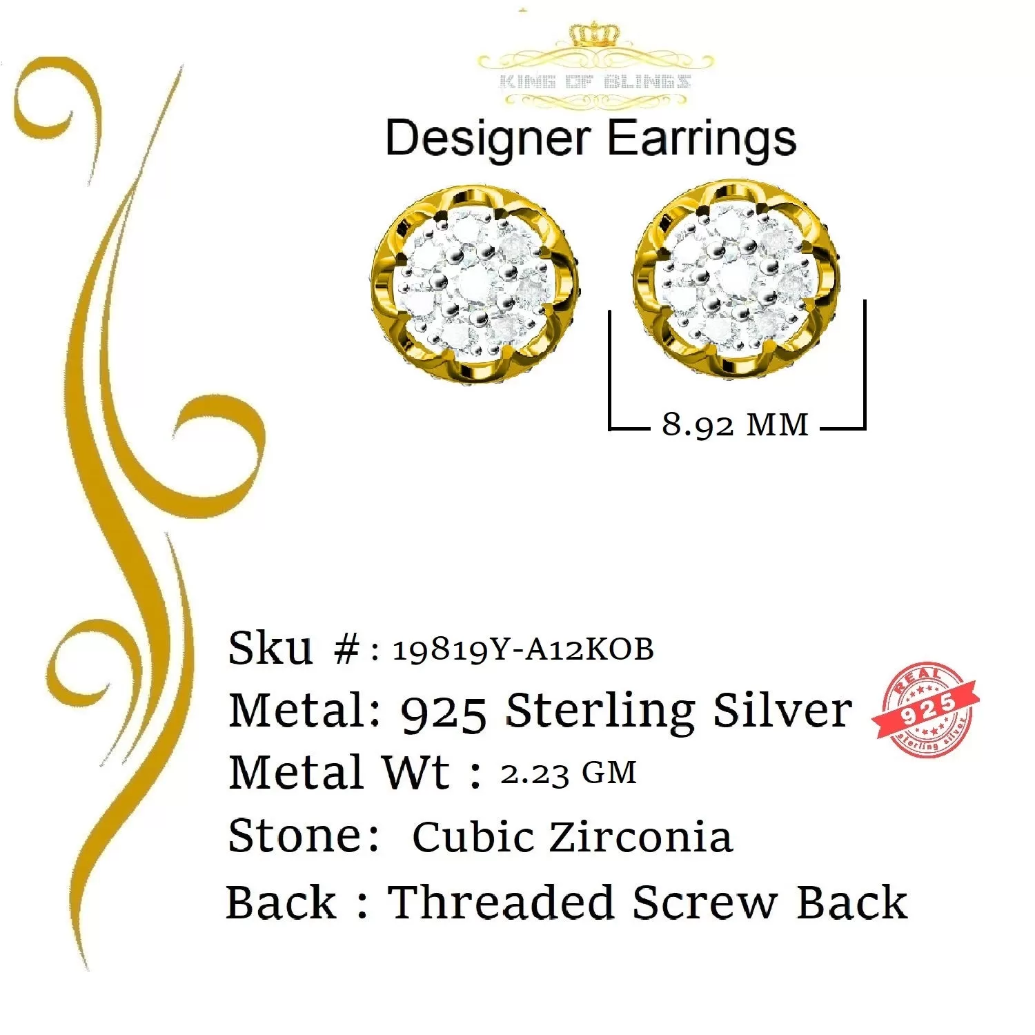 King of Bling's 1.14ct Cubic Zirconia 925 Yellow Silver Women's & Men's Hip Hop Flower Earrings