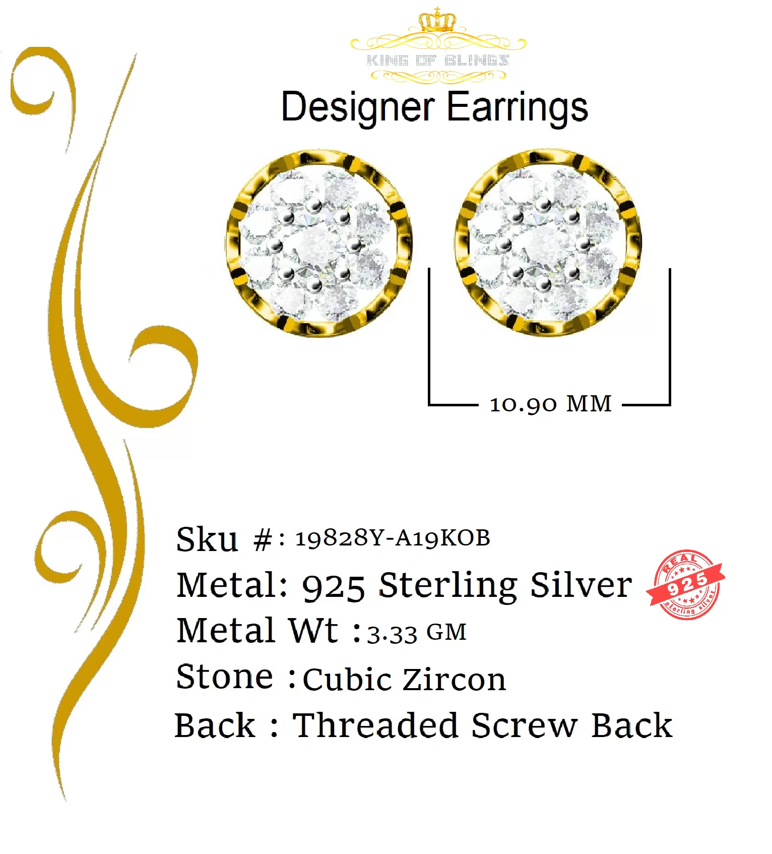 King of Bling's 3.20ct Cubic Zirconia 925 Yellow Sterling Silver Hip Hop Flower Ladies Earrings