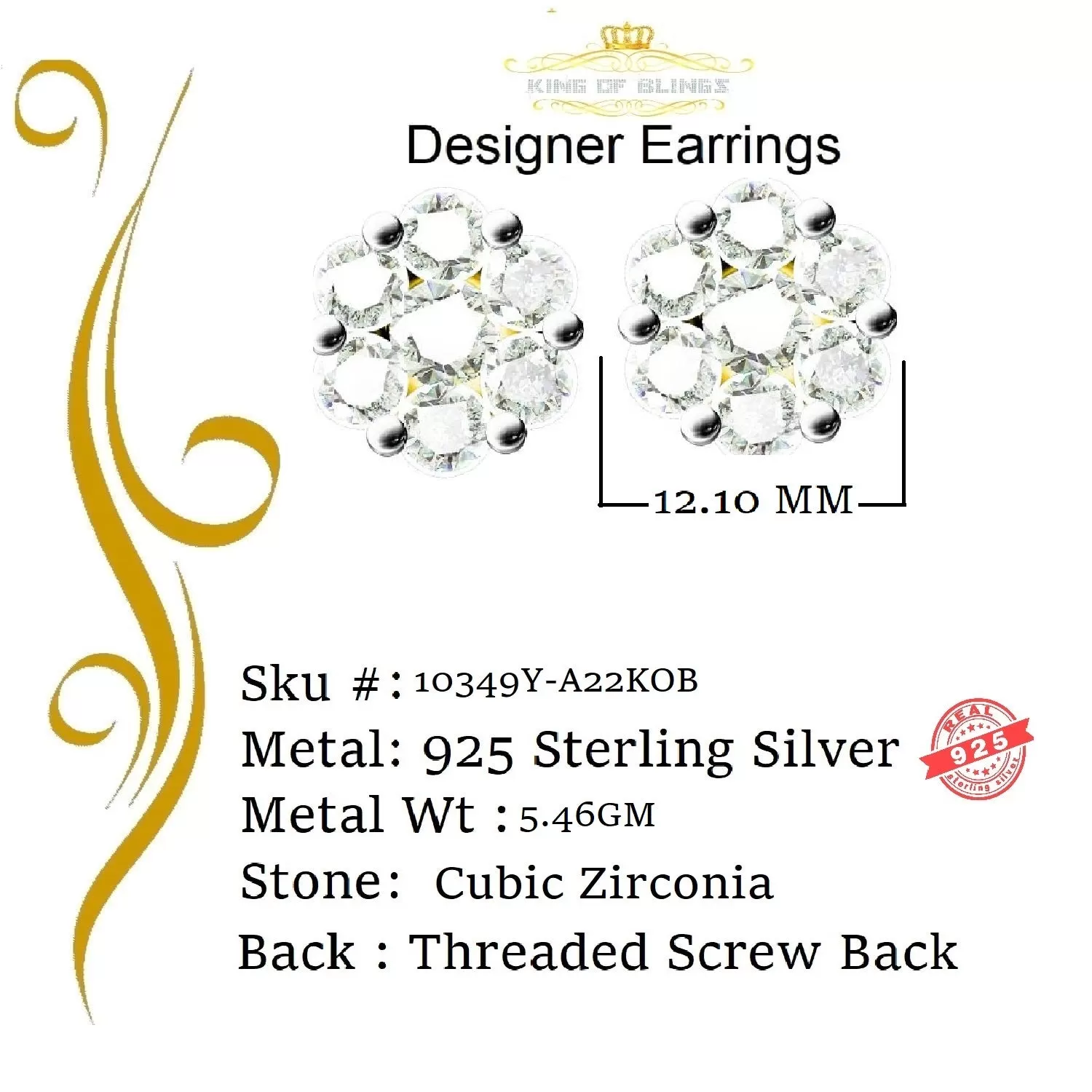 King of Bling's 925 Silver Yellow 1.56ct Cubic Zirconia Hip Hop Floral Women's & Men's Earrings