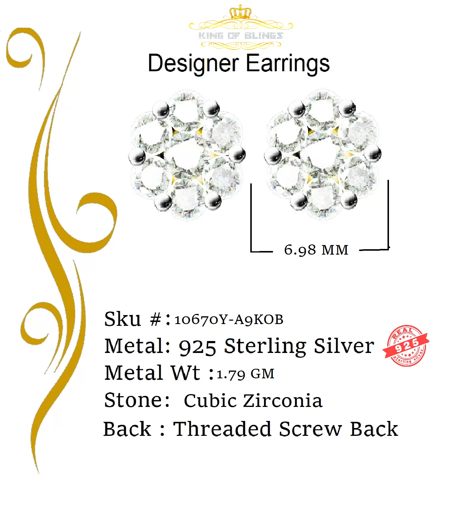 King of Bling's 925 Yellow Silver Sterling 2.06ct Cubic Zirconia Hip Hop Floral Women's Earrings