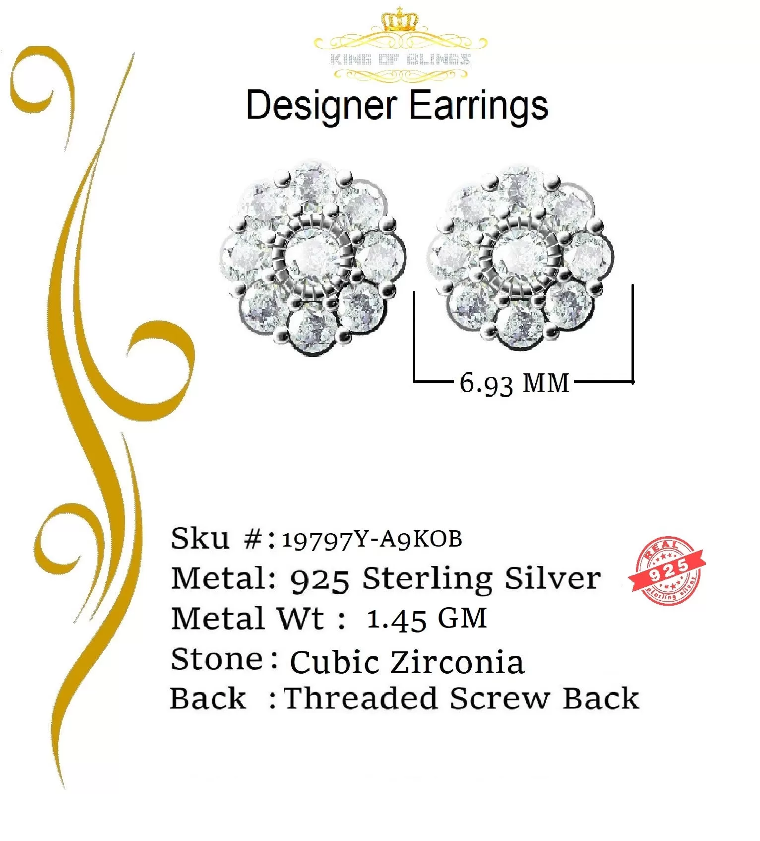 King of Bling's 925 Yellow Sterling Silver 1.18ct Cubic Zirconia Women's Hip Hop Flower Earrings