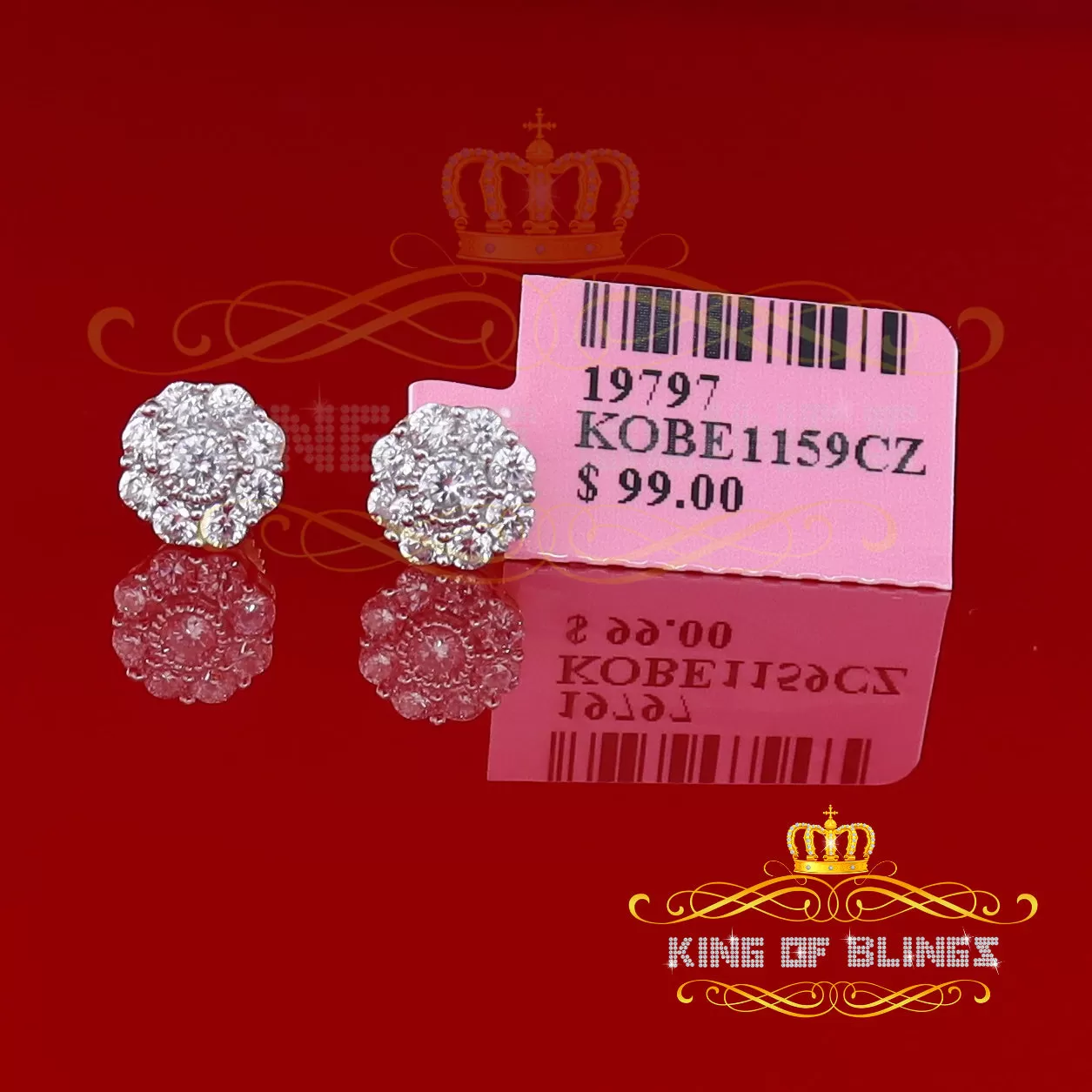 King of Bling's 925 Yellow Sterling Silver 1.18ct Cubic Zirconia Women's Hip Hop Flower Earrings