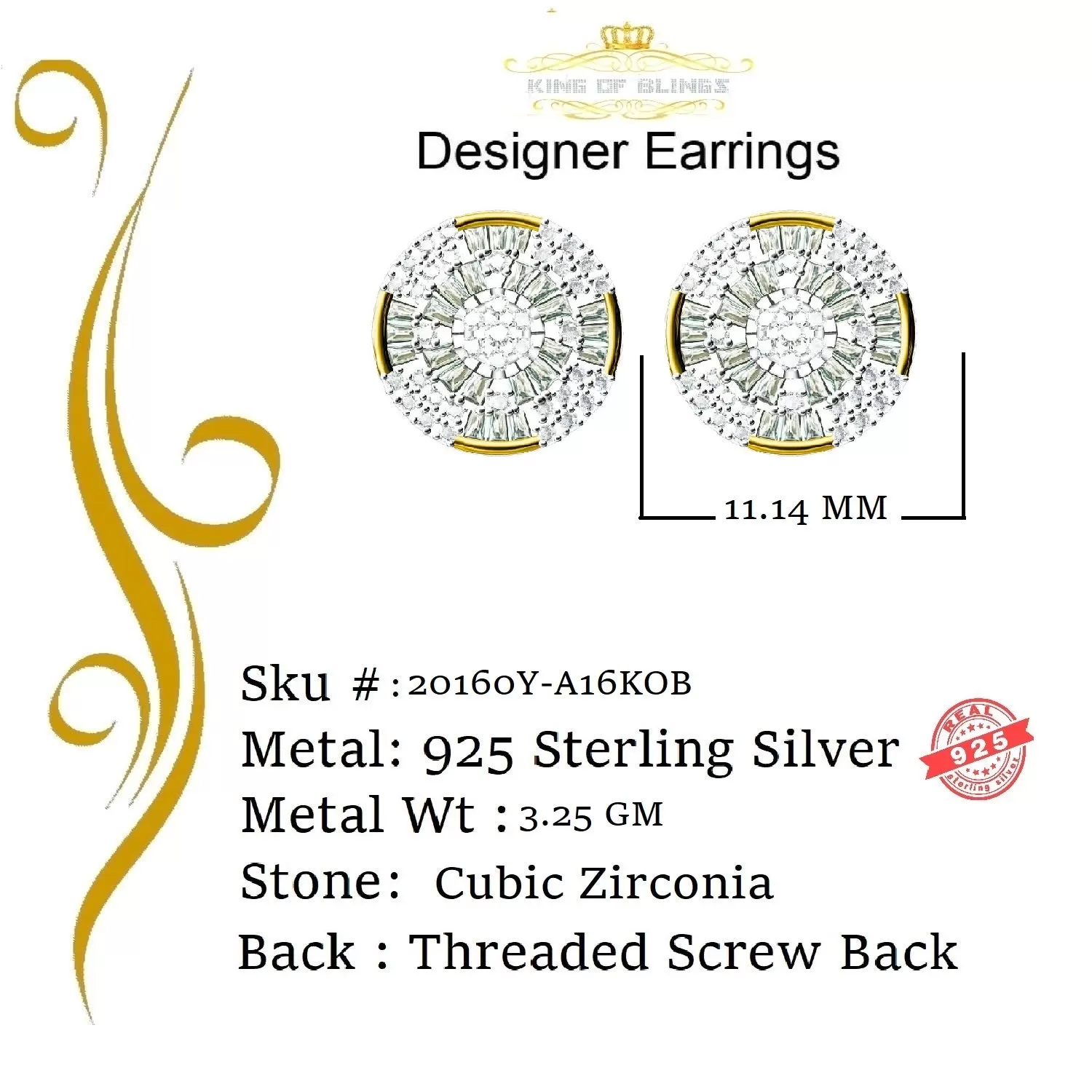 King of Bling's Aretes Para Hombre 925 Yellow Silver 0.96ct Cubic Zirconia Round Ladies Earrings