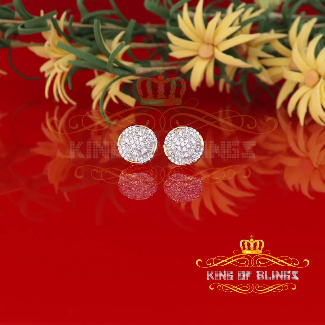 King of Bling's Aretes Para Hombre 925 Yellow Silver 0.96ct Cubic Zirconia Round Ladies Earrings