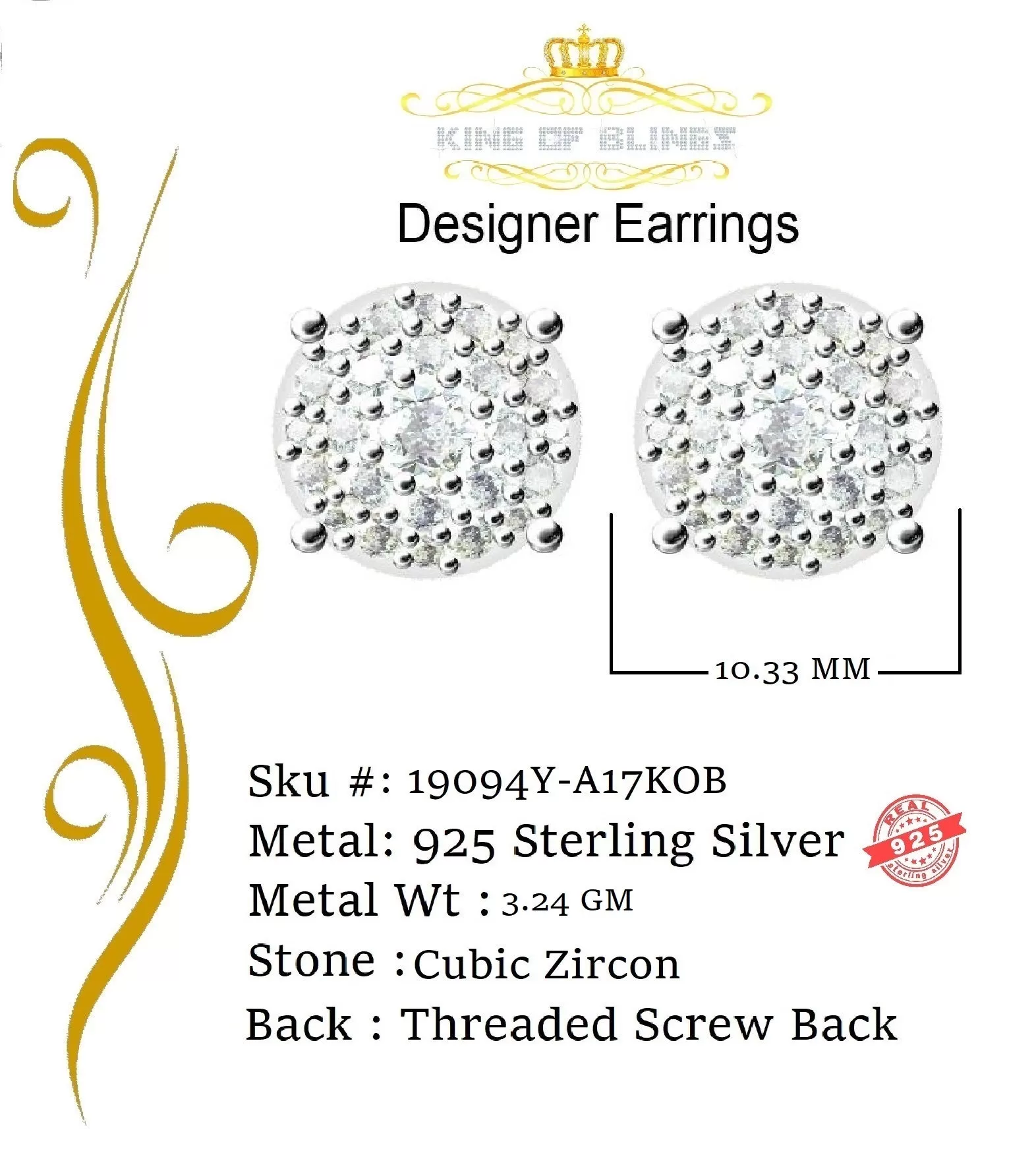 King of Bling's Aretes Para Hombre 925 Yellow Silver 2.3ct Cubic Zirconia Round Women's Earring