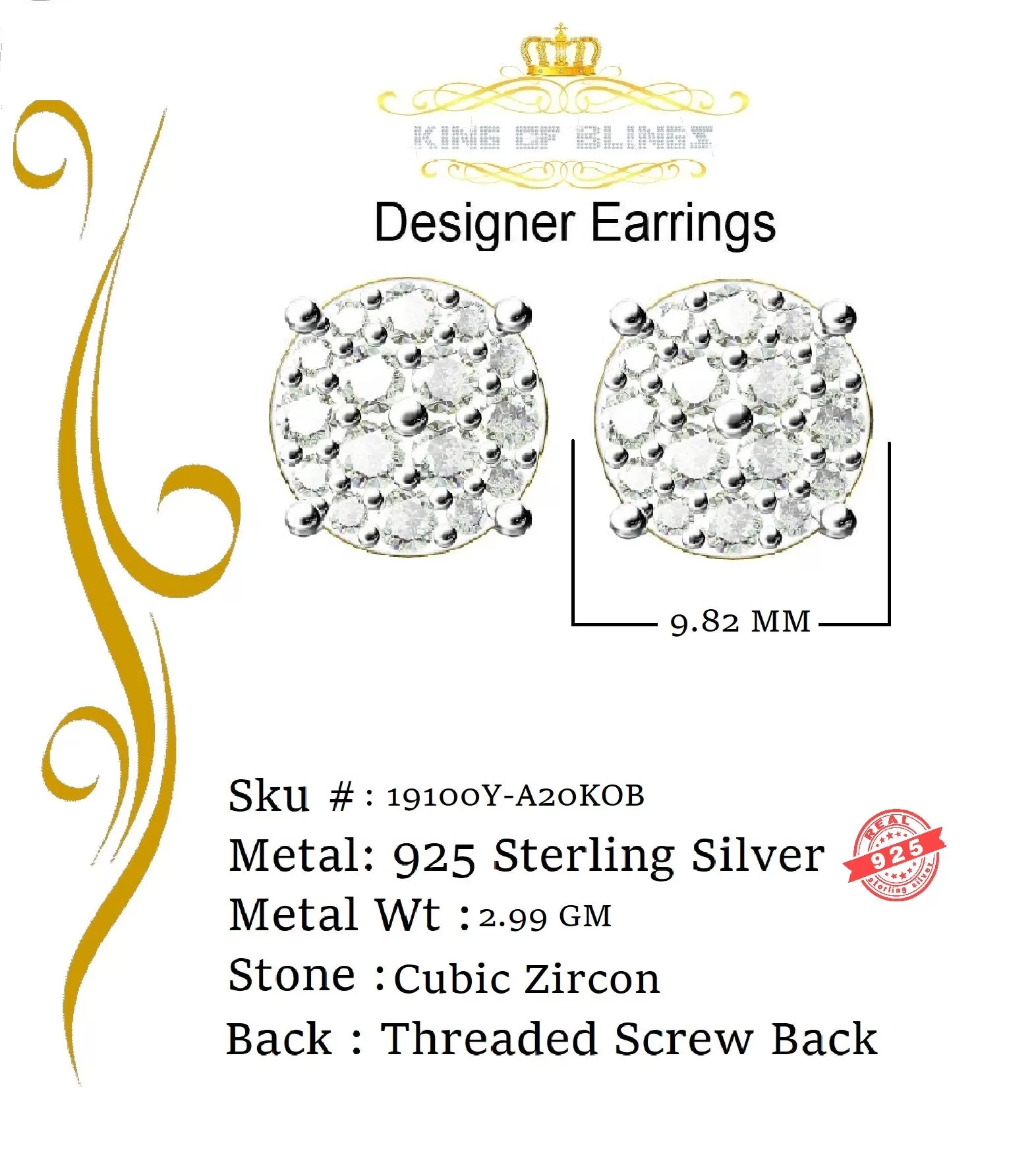 King of Bling's Aretes Para Hombre 925 Yellow Silver 2.96ctCubic Zirconia Round Women's Earrings