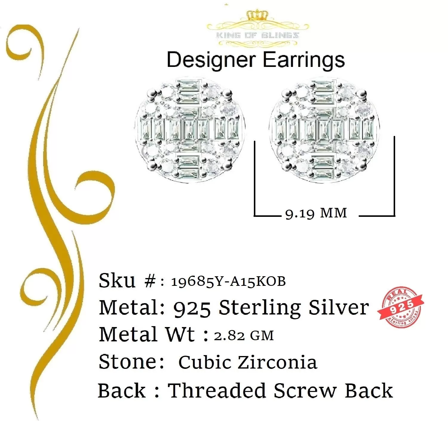 King of Bling's Hip Hop Yellow 925 Silver 1.06ct Cubic Zirconia Women's & Men's style Earrings