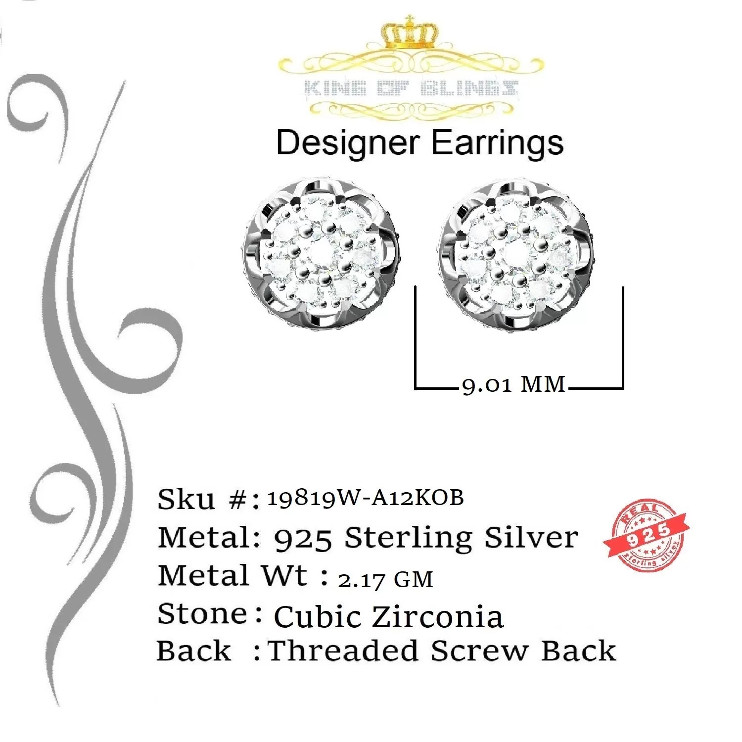 King of Blings- 1.14ct Cubic Zirconia 925 White Silver Women's & Men's Hip Hop Flower Earrings