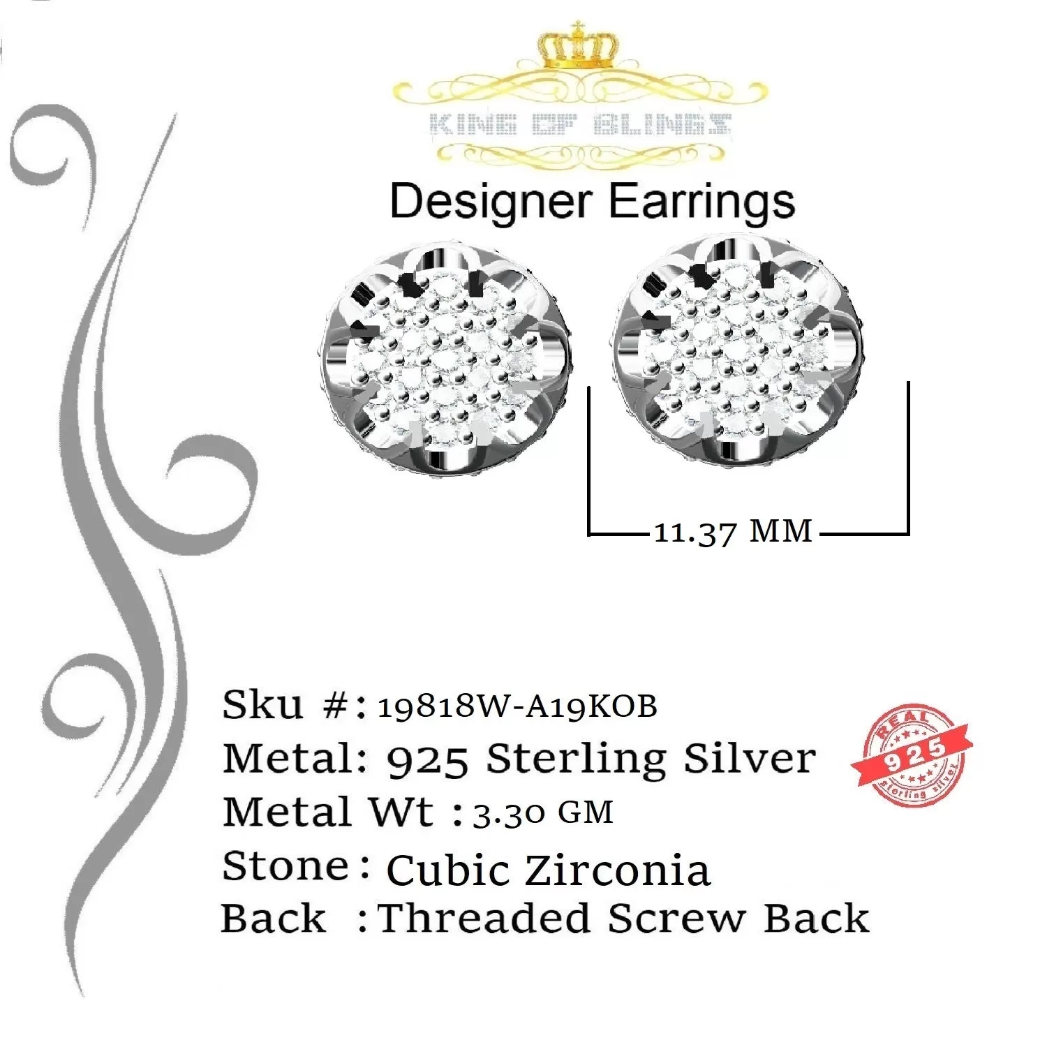 King of Blings- 925 White Silver 1.13ct Cubic Zirconia Women's & Men's Hip Hop Flower Earrings