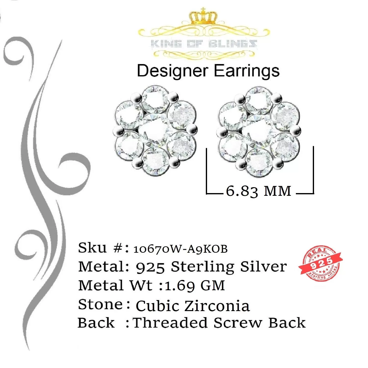 King of Blings- 925 White Silver Sterling 2.06ct Cubic Zirconia Hip Hop Floral Women's Earrings