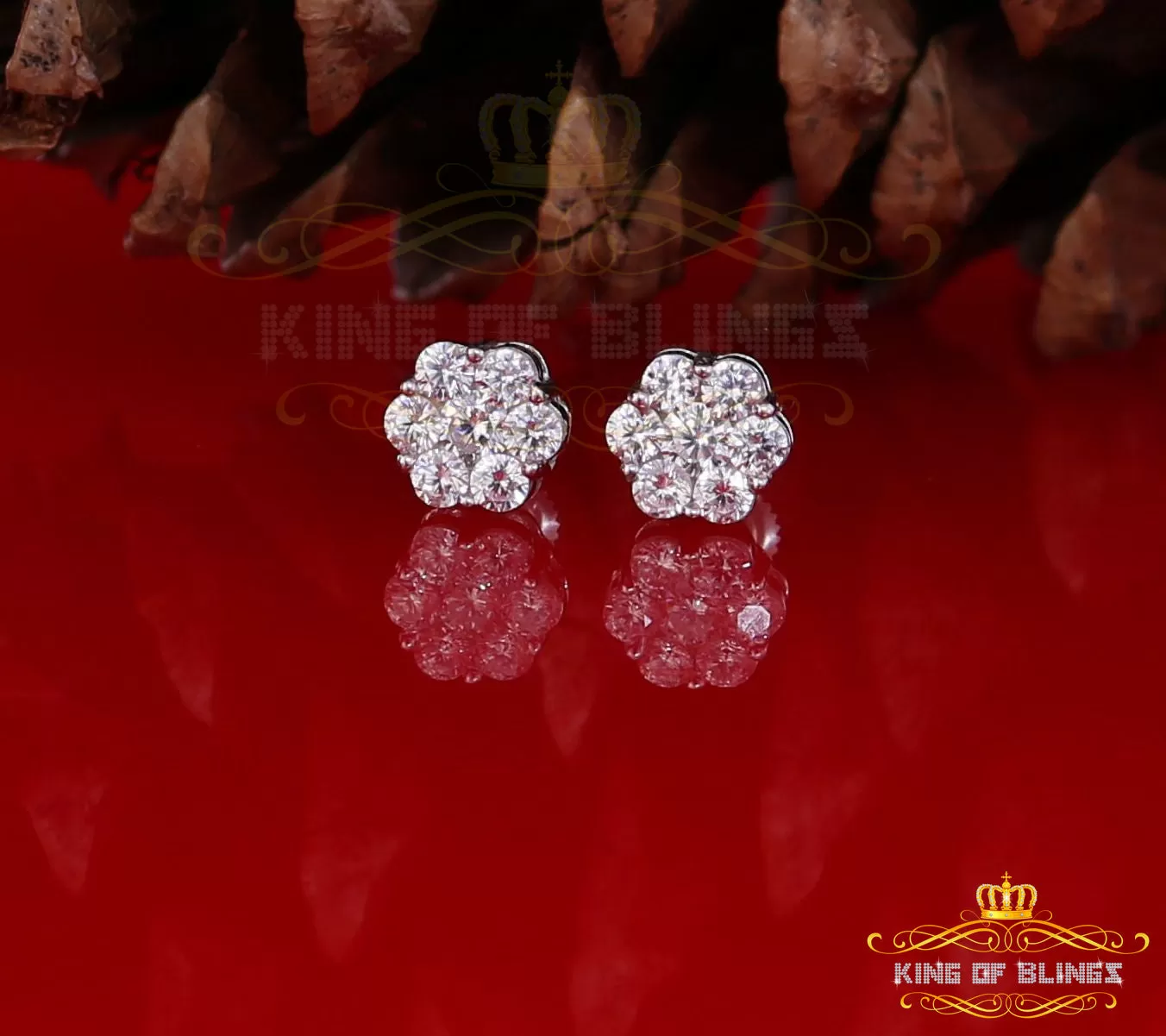 King of Blings- 925 White Silver Sterling 2.06ct Cubic Zirconia Hip Hop Floral Women's Earrings