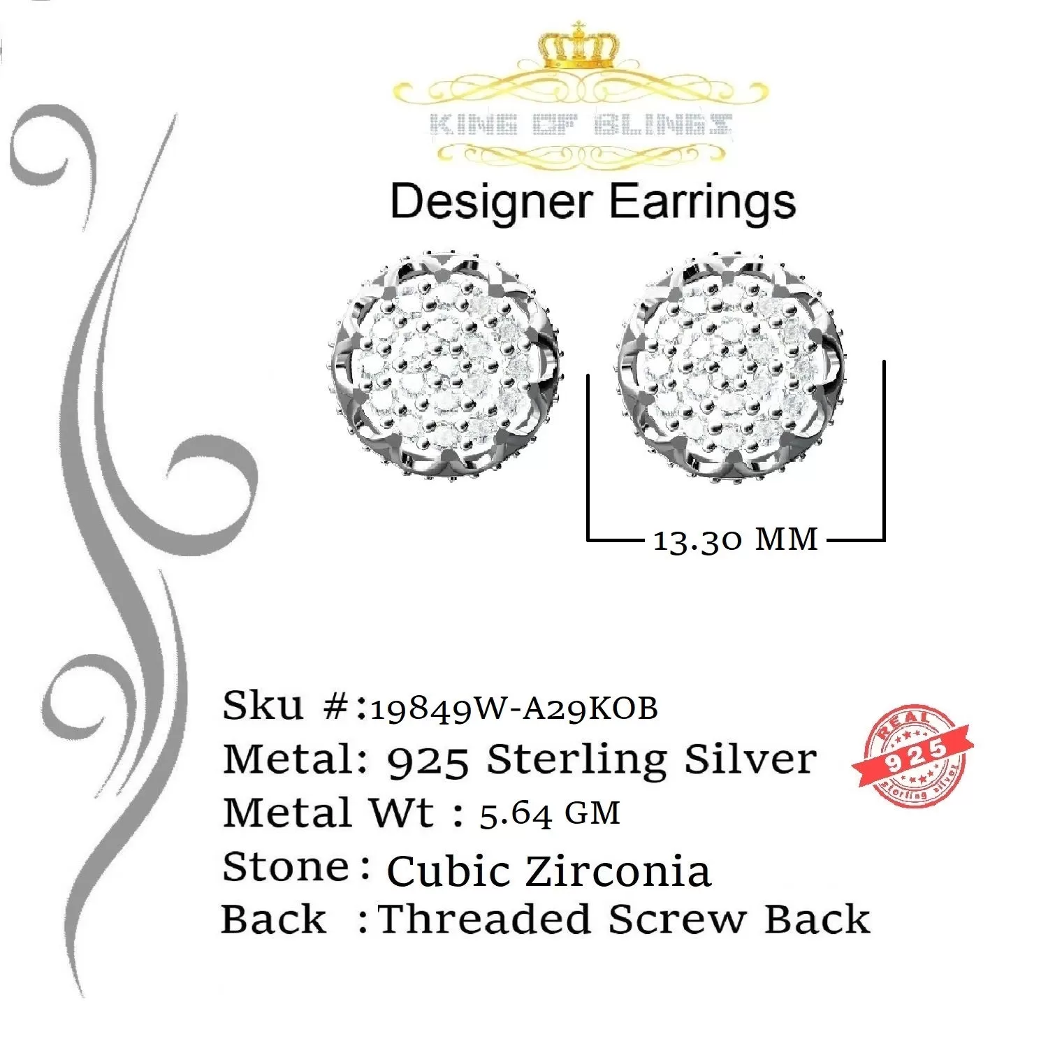 King of Blings- 925 White Sterling Silver 2.28ct Cubic Zirconia Women's Hip Hop Flower Earrings