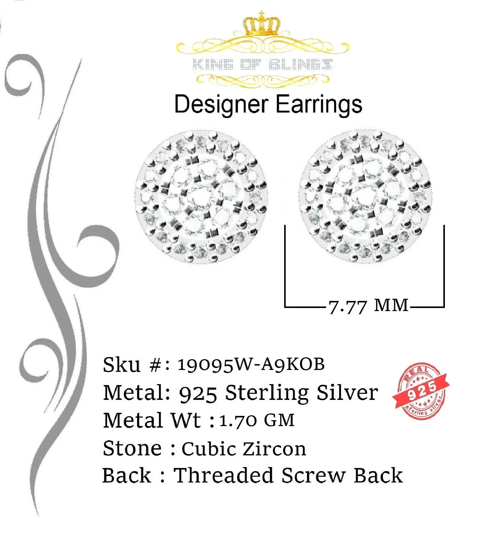 King of Blings- Aretes Para Hombre 925 White Silver 0.88ct Cubic Zirconia Round Women's Earring