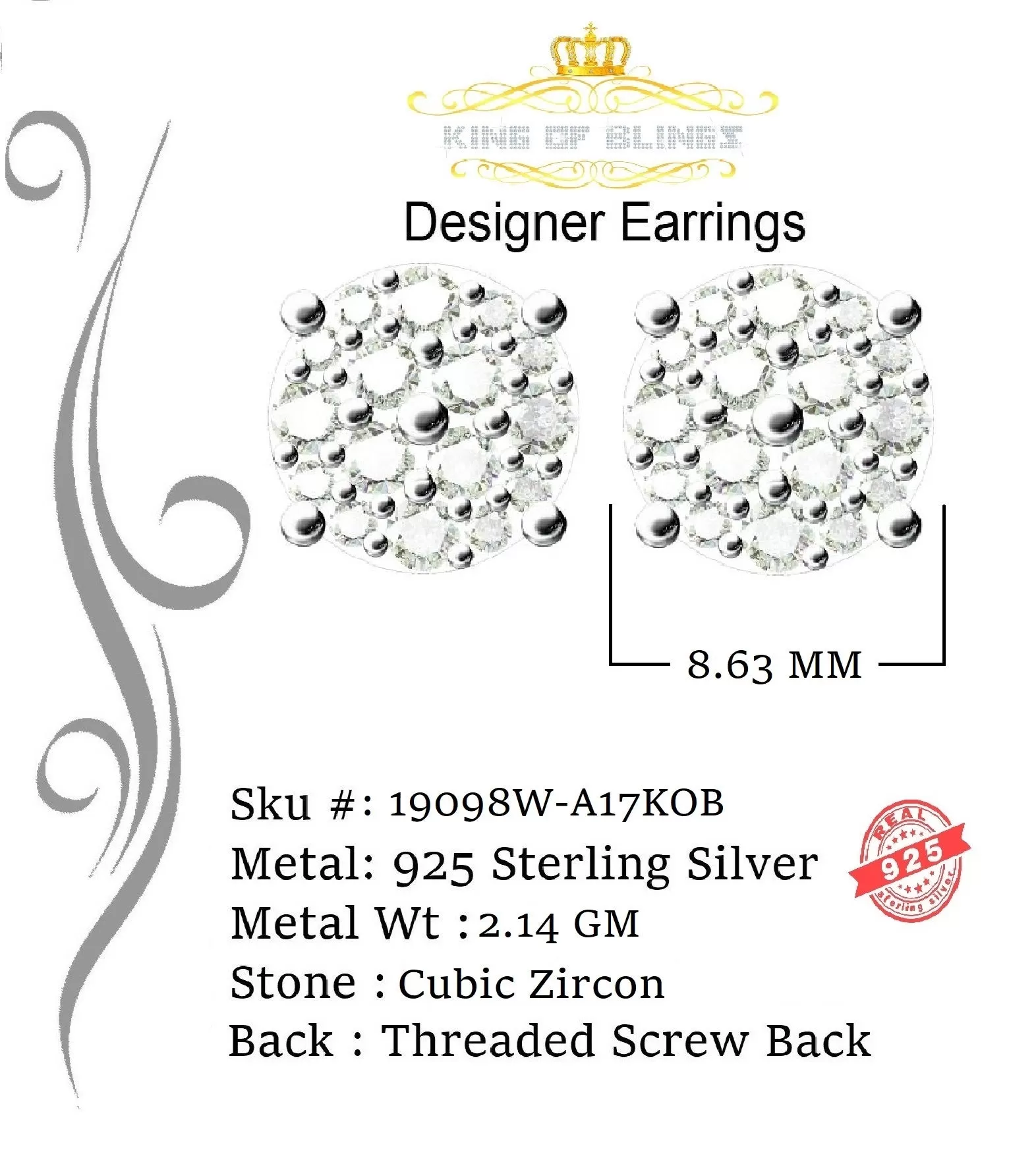 King of Blings- Aretes Para Hombre 925 White Silver 2.0ct Cubic Zirconia Round Women's Earrings