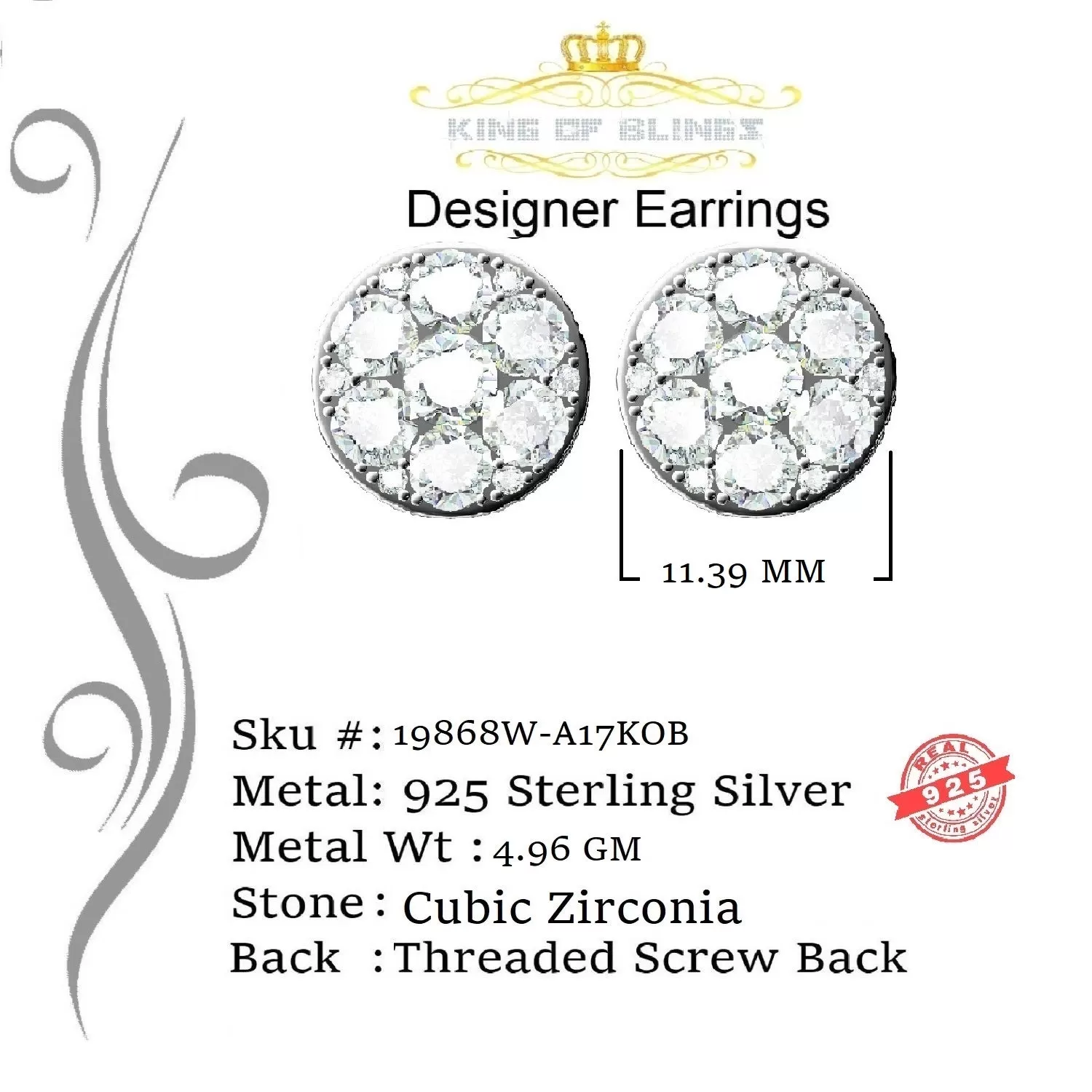 King of Blings- Aretes Para Hombre 925 White Silver 5.56ct Cubic Zirconia Women Round Earrings