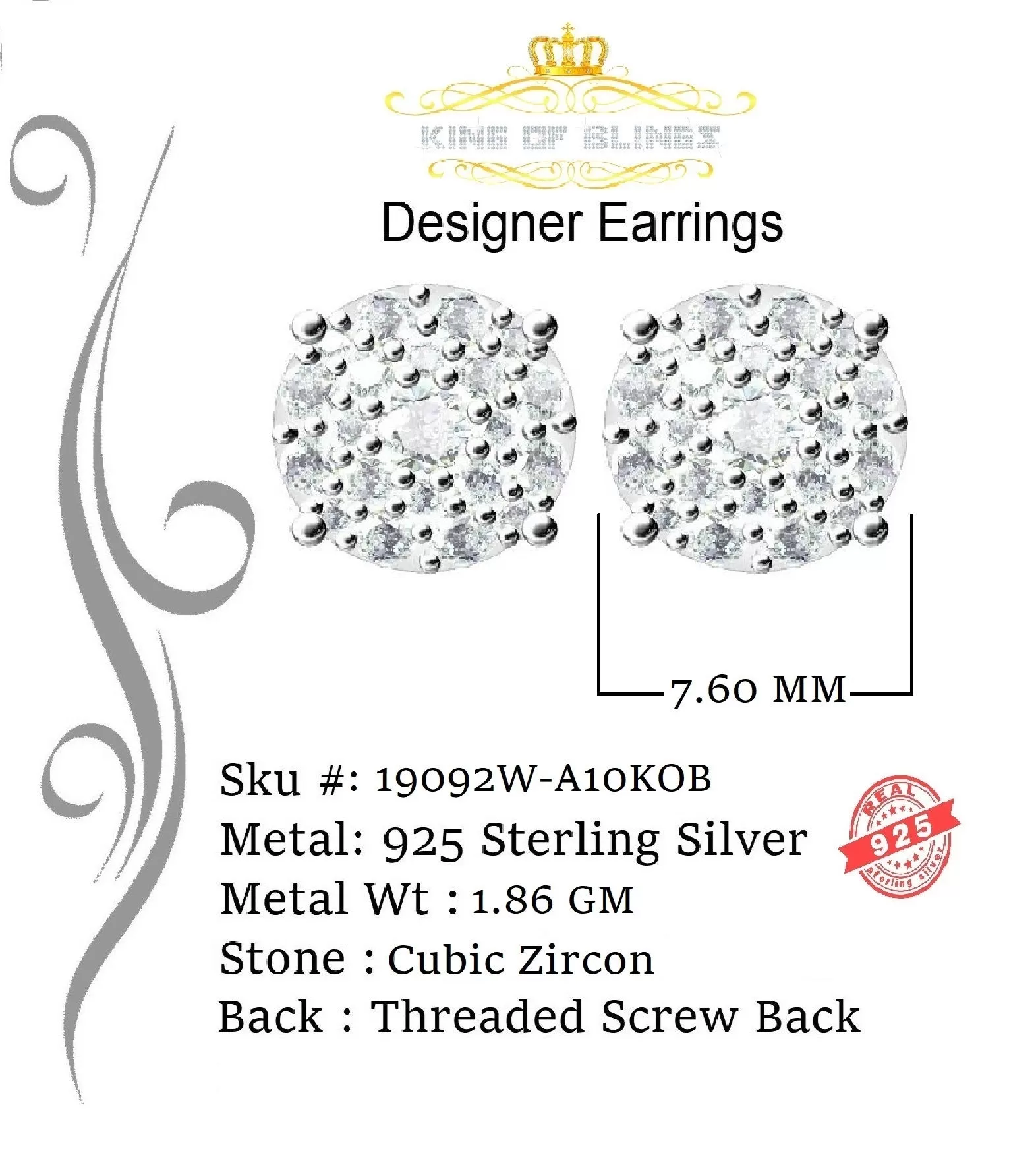 King of Blings- Aretes Para Hombre 925 White Silver Women's 0.66ct Cubic Zirconia Round Earrings