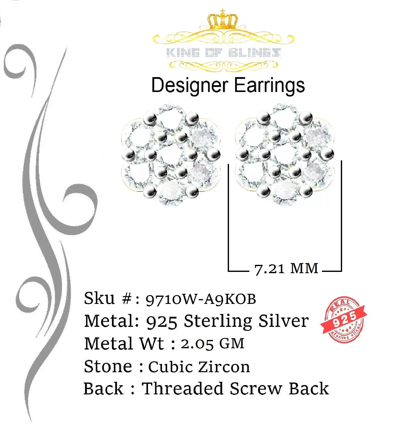 King of Blings- White 925 Sterling 1.96ct Cubic Zirconia Silver Women's Hip Hop Floral Earrings