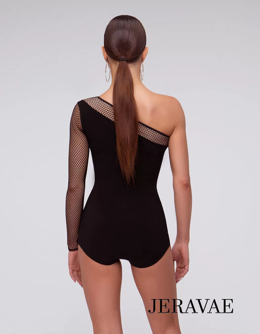 Ladies Black Bodysuit with one Fishnet Sleeve and Angled Neckline Detail Available in multiple Sizes PRA 305