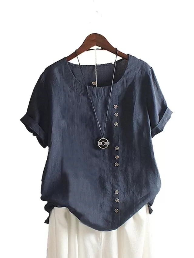 Ladies' Linen Shirt with Patchwork Short Sleeve Casual Style