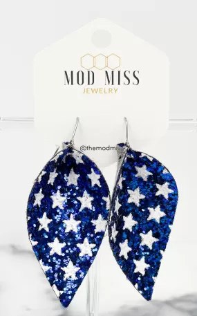 Leather Canvas  Petal Earring Glitter Blue & White Stars