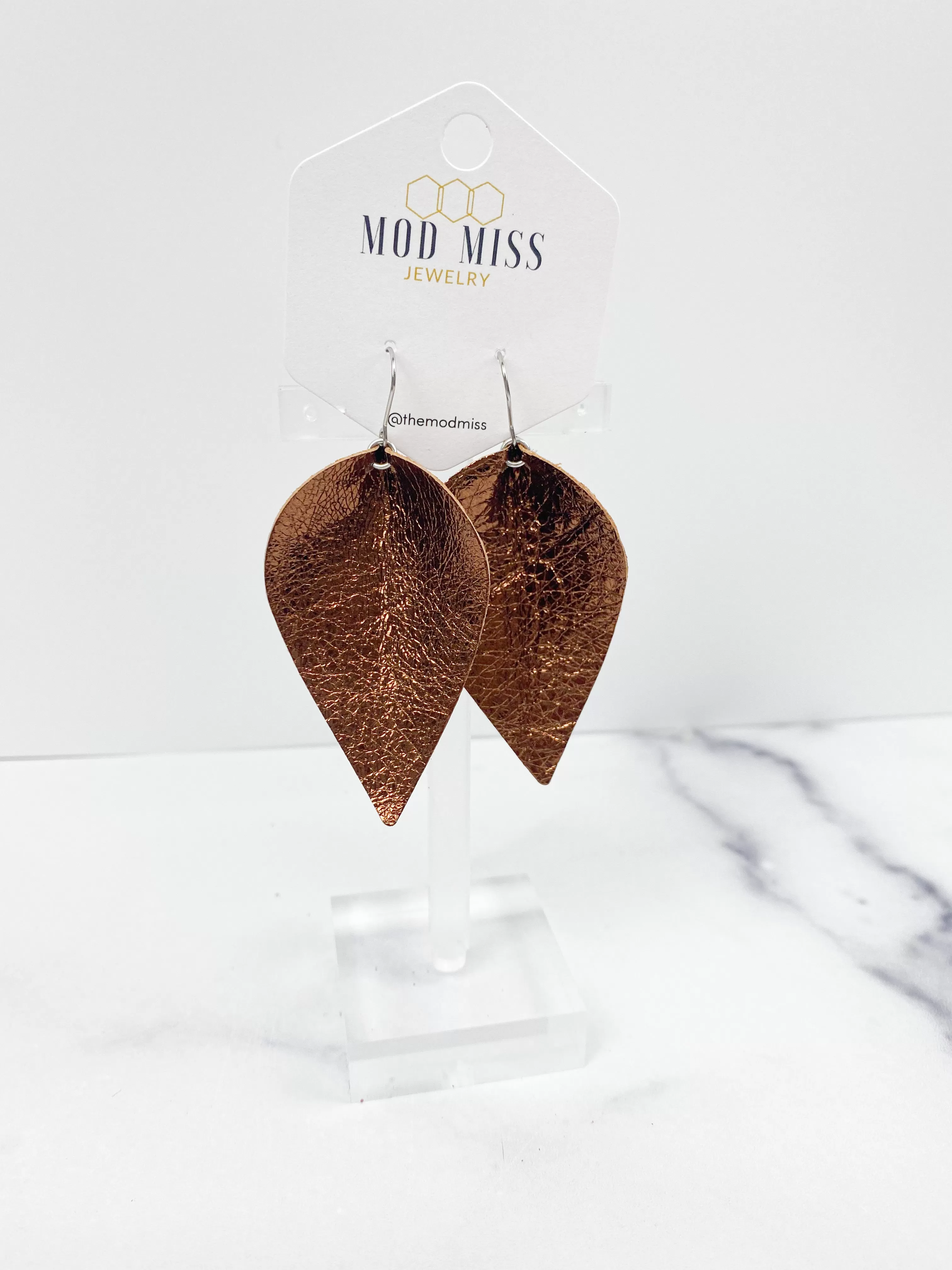 Leather Petal Earring Metallic Brown