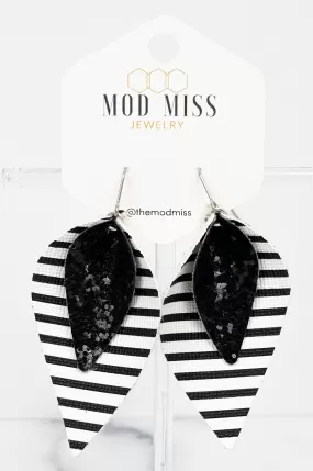 Leather Stacked Petal Earring Glitter Black  on Black & White Stripes (Thin Stripes)