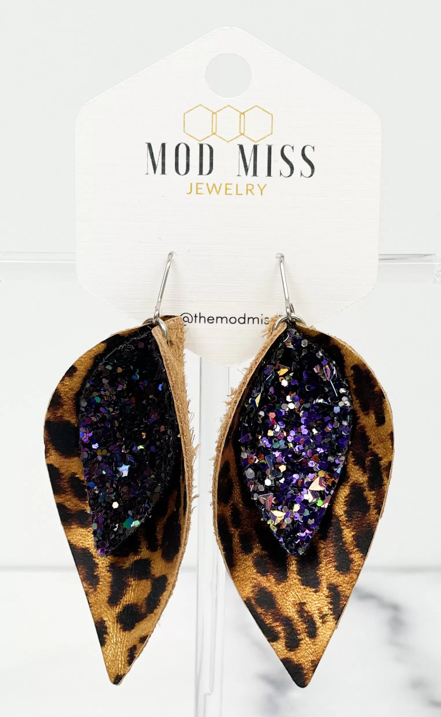 Leather Stacked Petal Earring Glitter Purple on Metallic Leopard