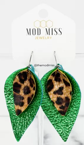 Leather Stacked Petal Earring LeopardCrackle on MetallicGreen