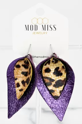 Leather Stacked Petal Earring LeopardCrackle on MetallicPurple