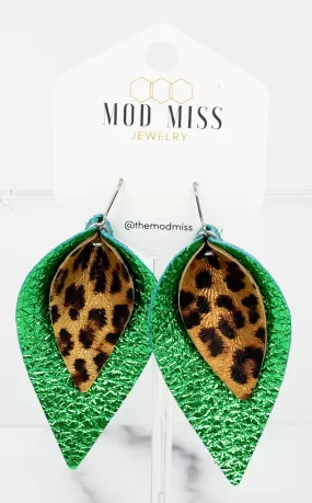 Leather Stacked Petal Earring Metallic Leopard on Metallic Green