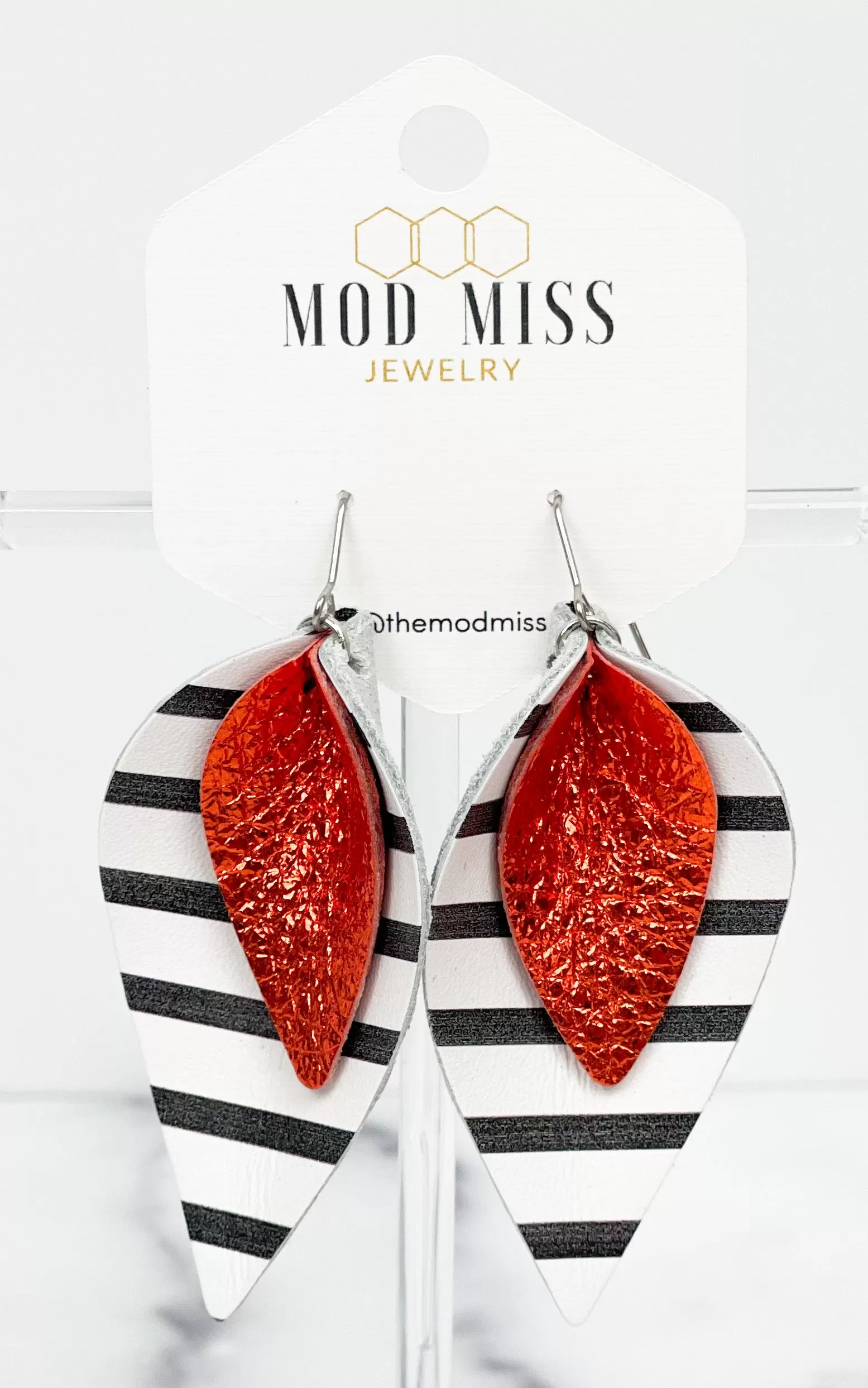 Leather Stacked Petal Earring Metallic Orange on Black & White Stripes (Wide Stripes)