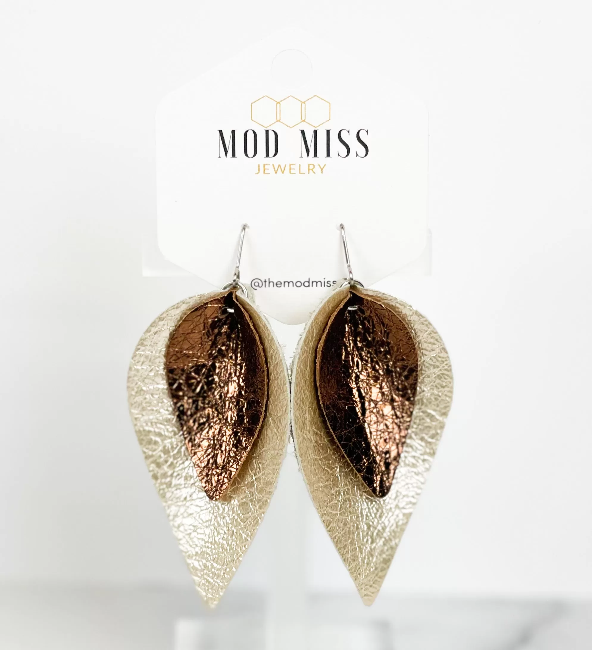 Leather Stacked Petal Earring Metallic Pearl   Metallic Brown