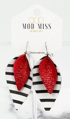 Leather Stacked Petal Earring Metallic Red on Black and White Stripes (Wide Stripes)