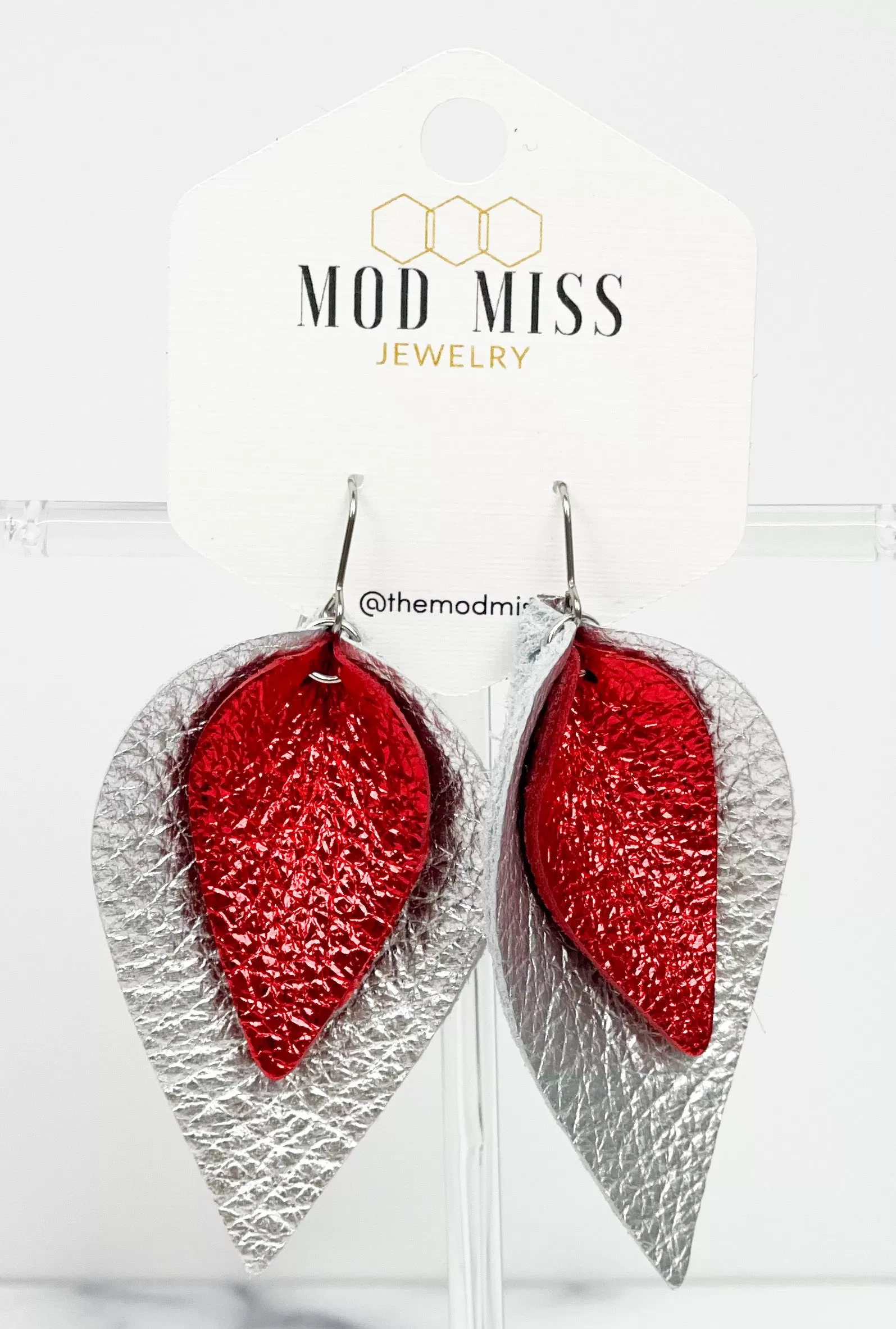 Leather Stacked Petal Earring Metallic Red on Metallic Silver