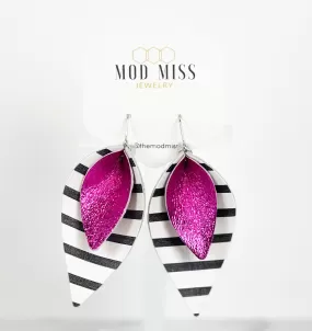 Leather Stacked Petal Earring Metallic Showgirl Pink   Black & White Stripes (Wide Stripes)