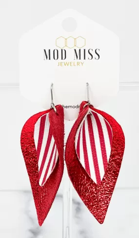 Leather Stacked Petal Earring Stripes Red & White (Thin Stripes Vertical)   Metallic Red