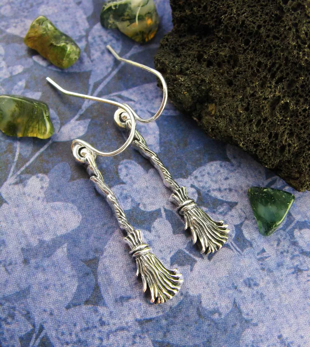 Little Witch's Broom Besom Drop Earrings, Handmade