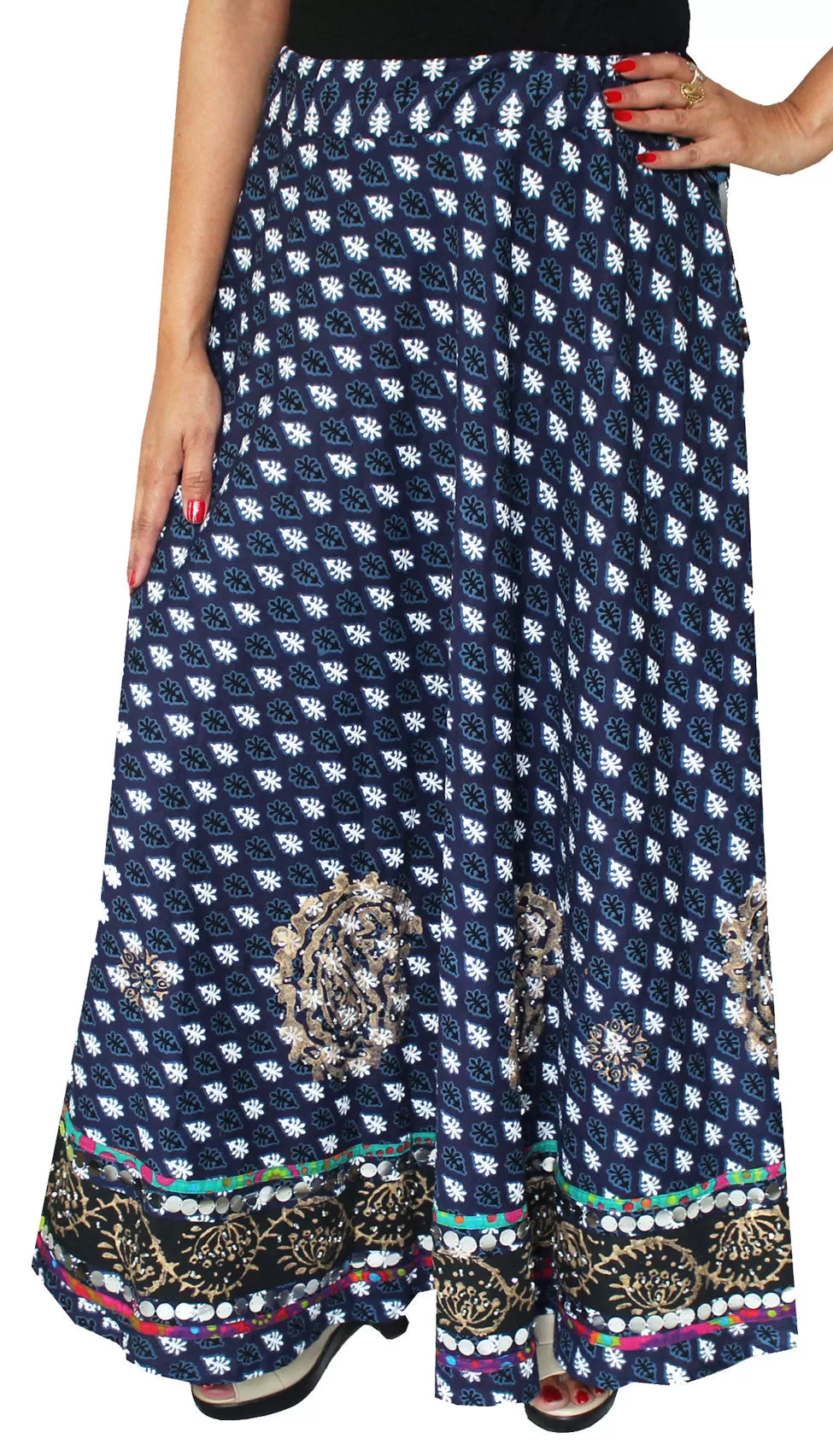 Long Indian Skirt Cotton Block Printed Womens India Clothing (Blue)