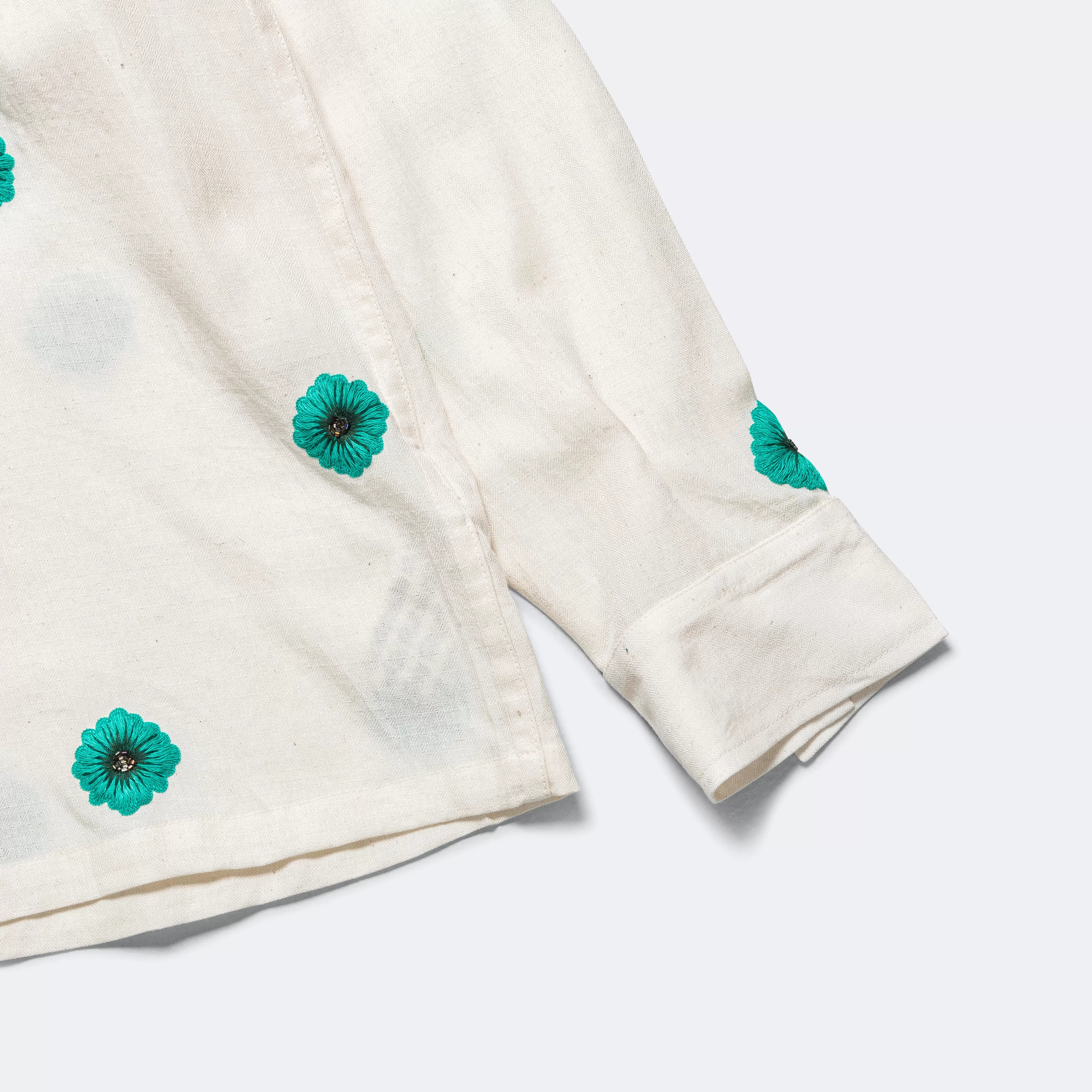 Long Sleeve Hand Embroidered Teal Flowers Shirt - Ecru/Teal