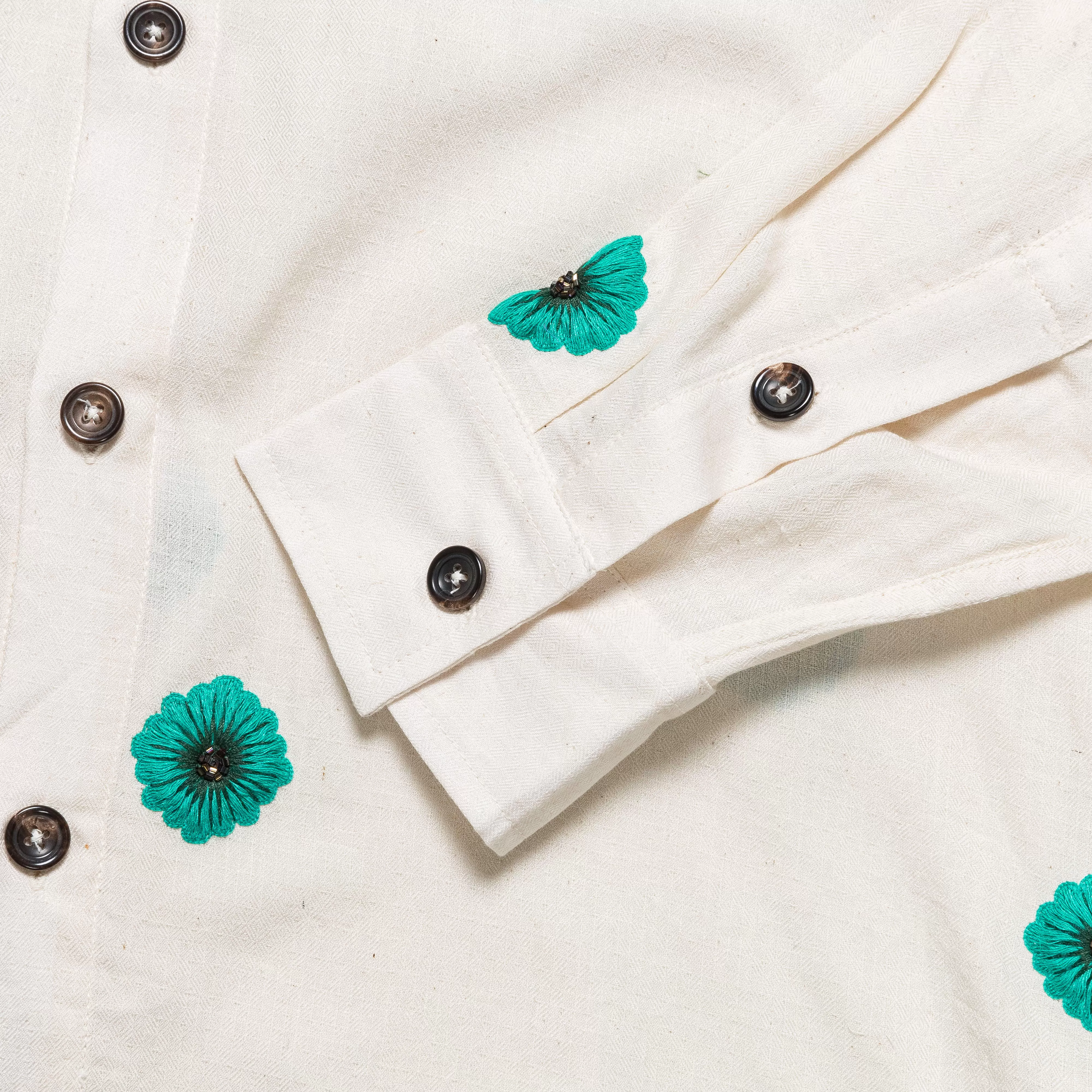 Long Sleeve Hand Embroidered Teal Flowers Shirt - Ecru/Teal