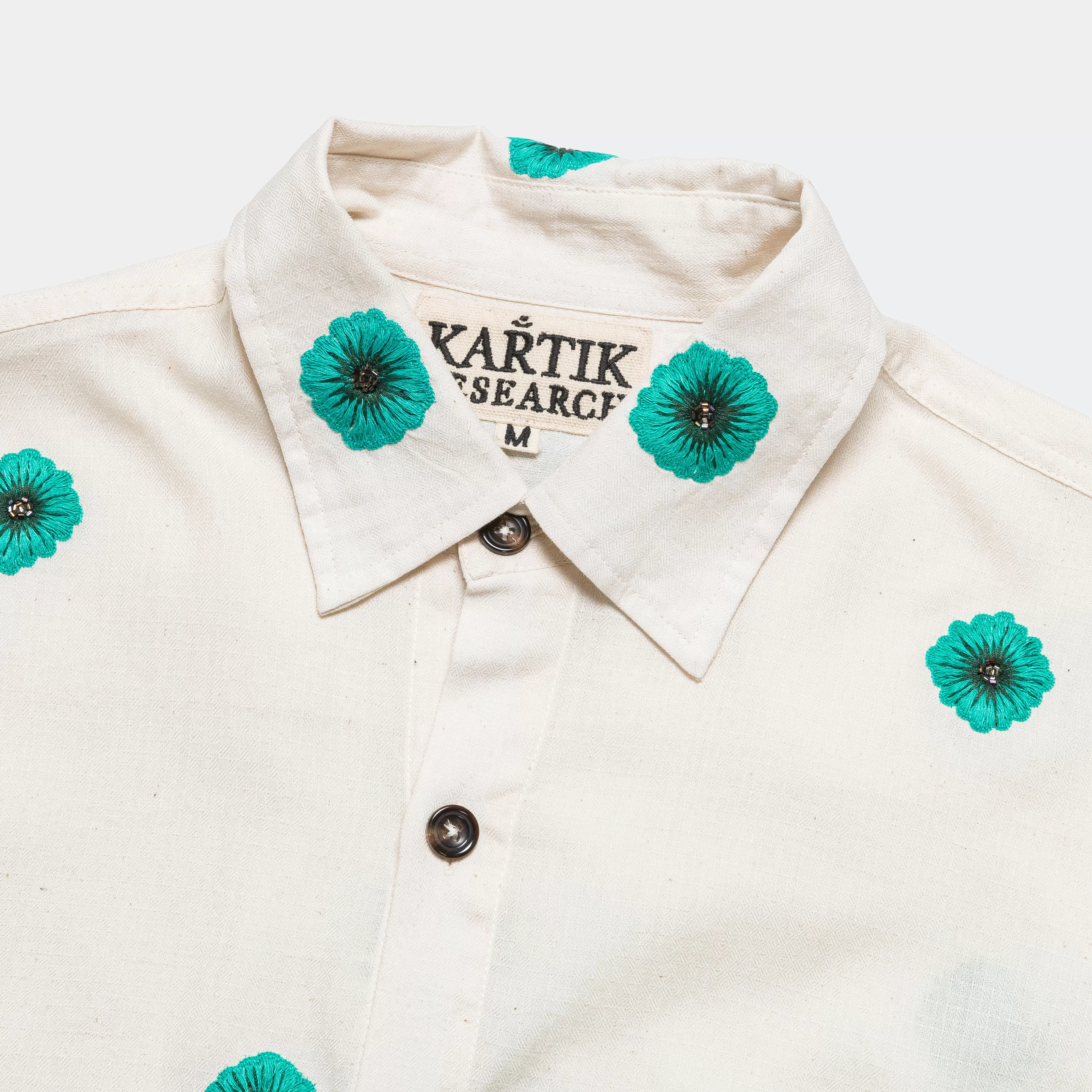 Long Sleeve Hand Embroidered Teal Flowers Shirt - Ecru/Teal